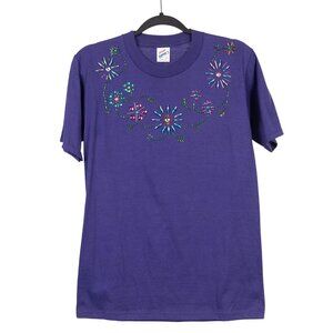 Vintage Jerzees Super T Shirt S Womens Purple Embellished Floral Beaded Cotton